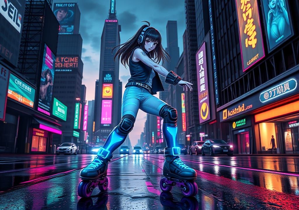 Cyberpunk Girl on Neon Skates in Anime Style