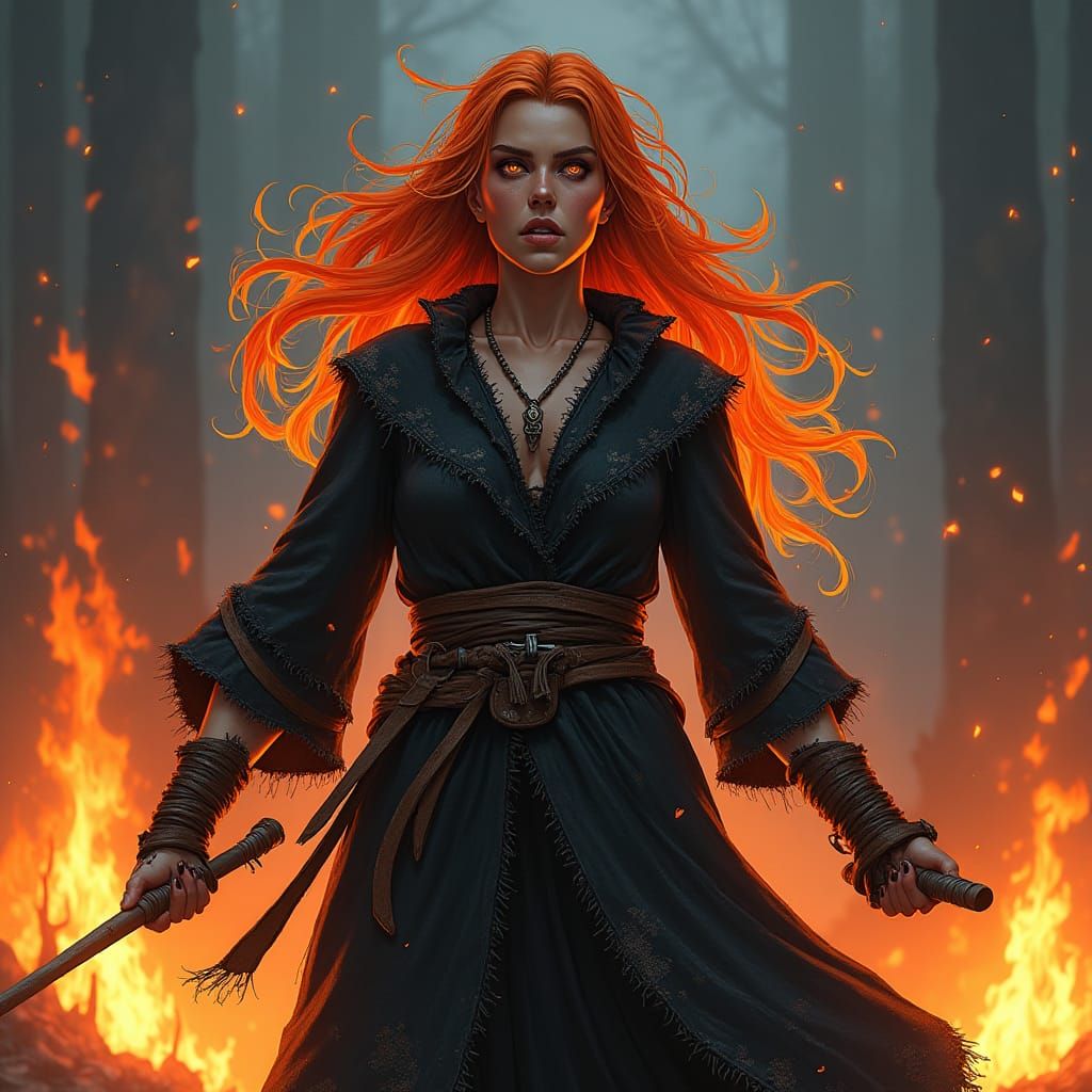 Defiant Viking Witch Woman Amidst Roaring Flames