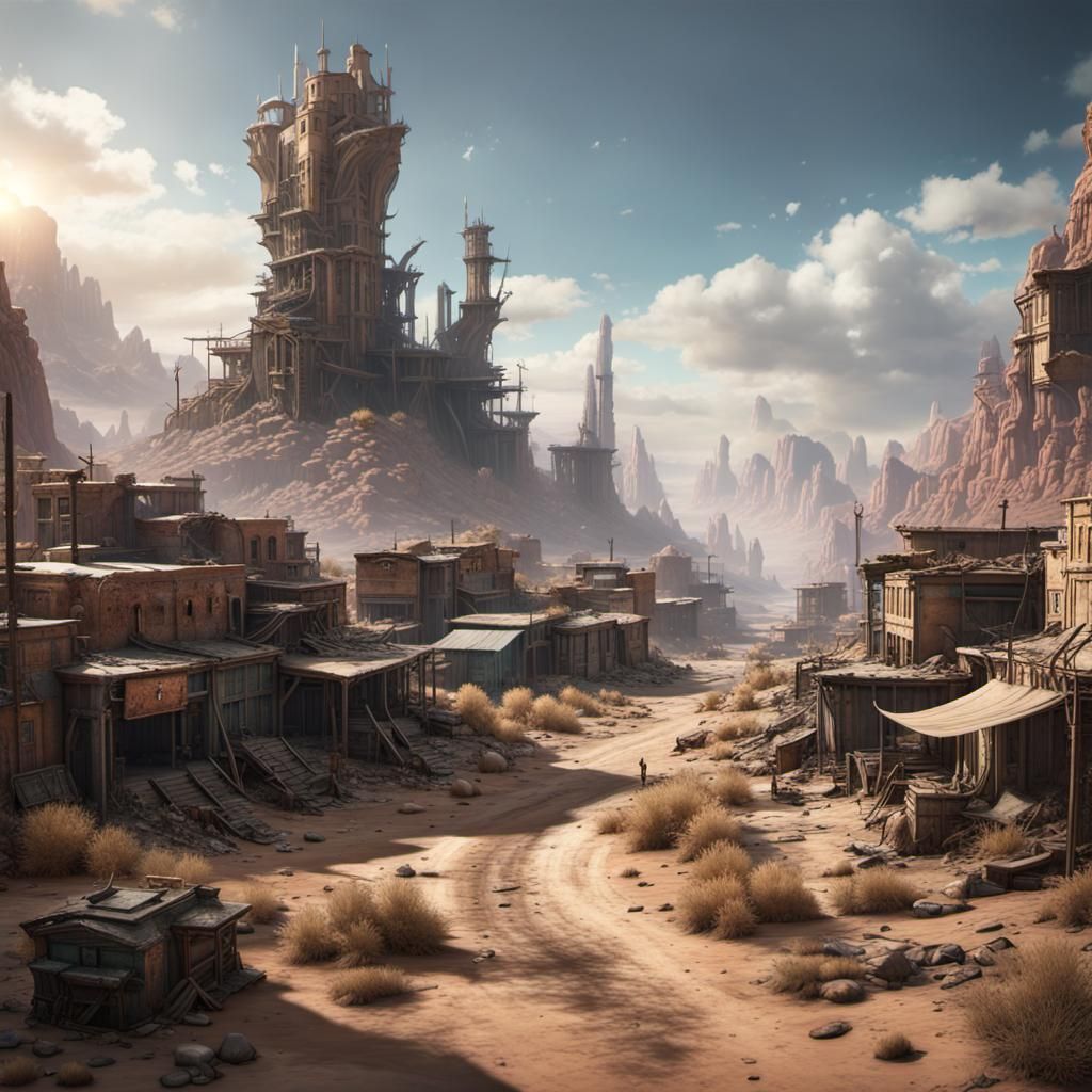 Post-Apocalyptic Desert Canyon Town: Detailed Matte Painting