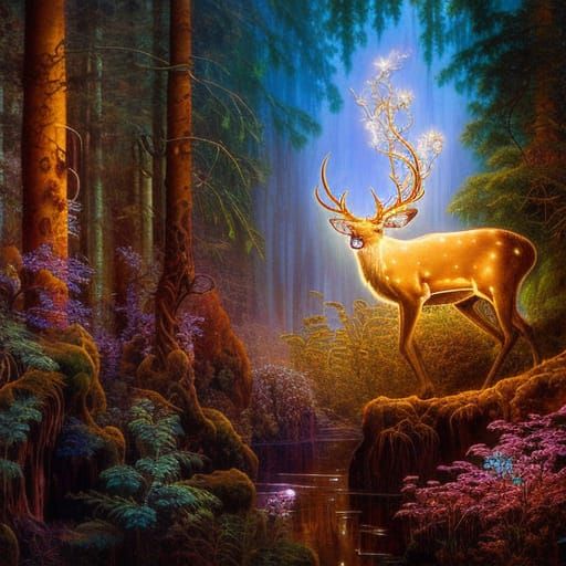 Bioluminescent Deer Leaping in Misty Landscape