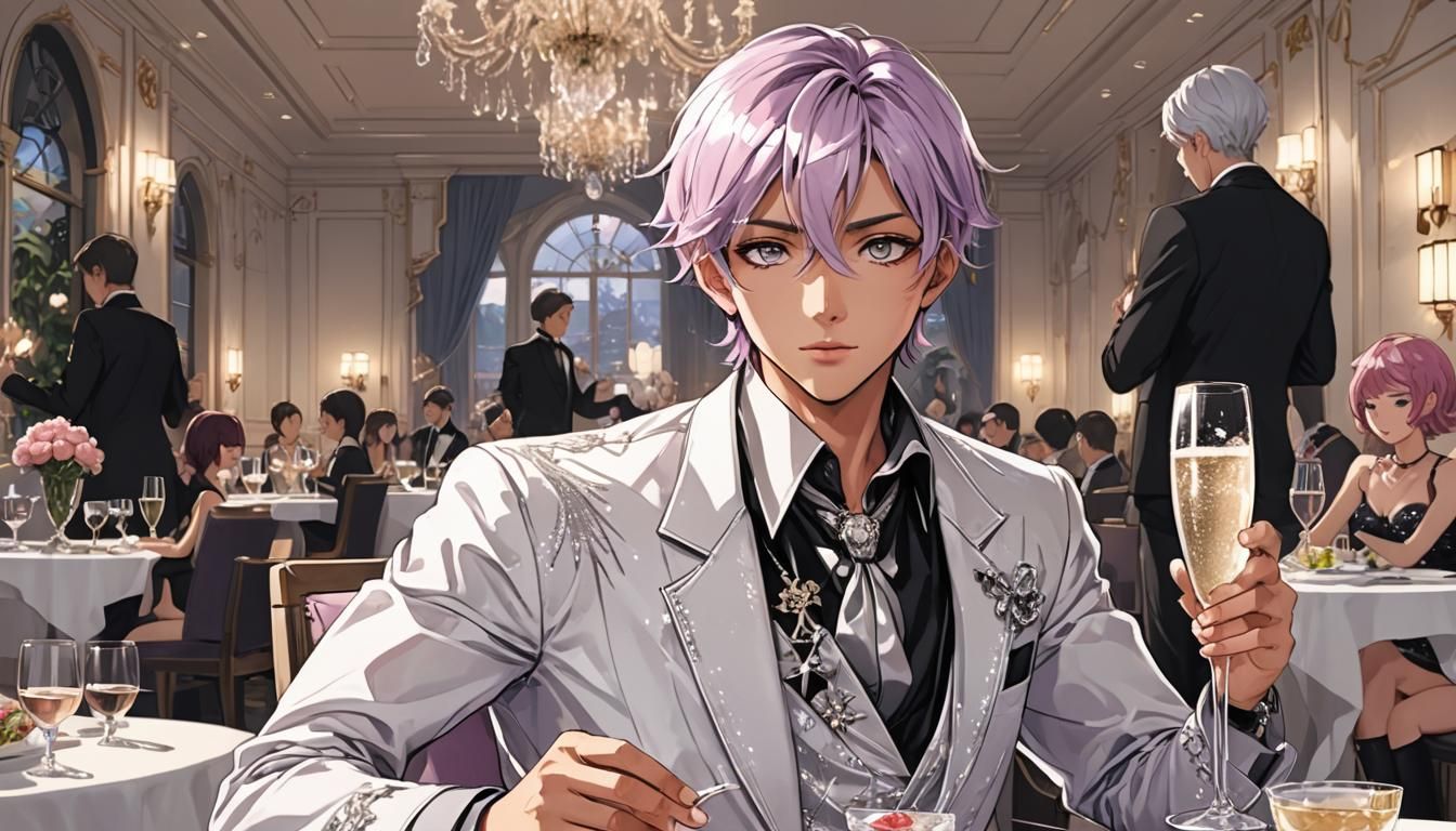 Anime Boy in Diamond Outfit Drinking Champagne