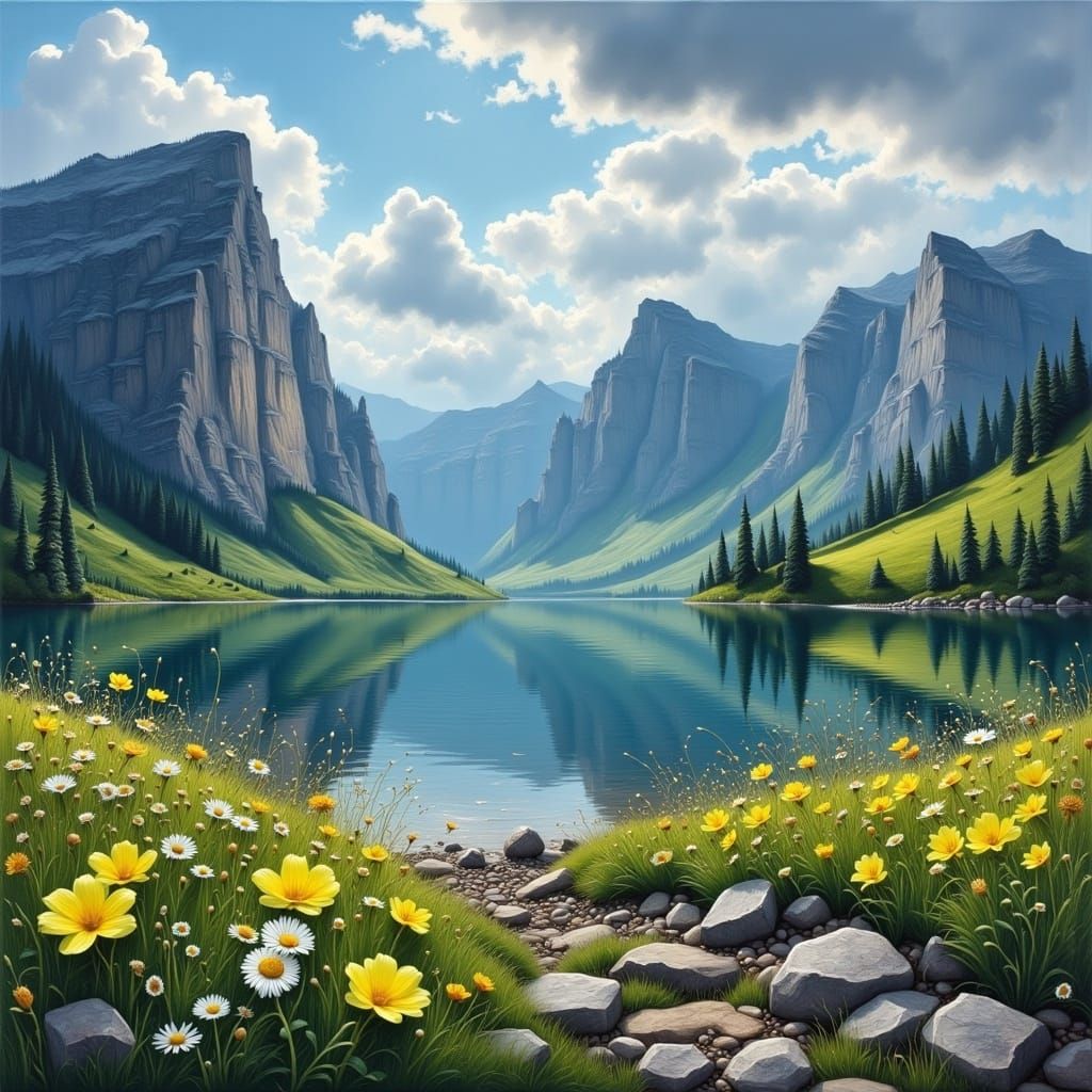 Serene Storybook Landscape with Lakes and Mountains