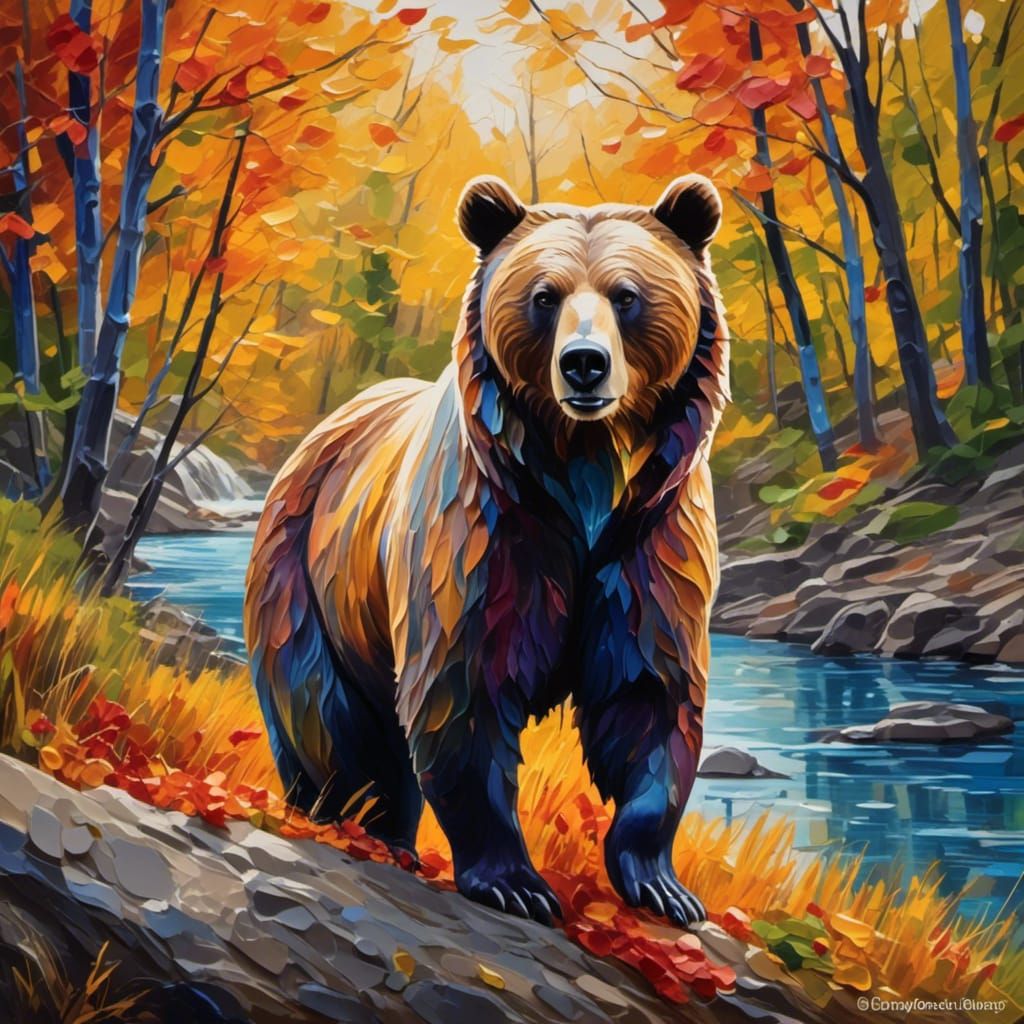 Grizzly Bear with Salmon, Expressionist Impasto Painting