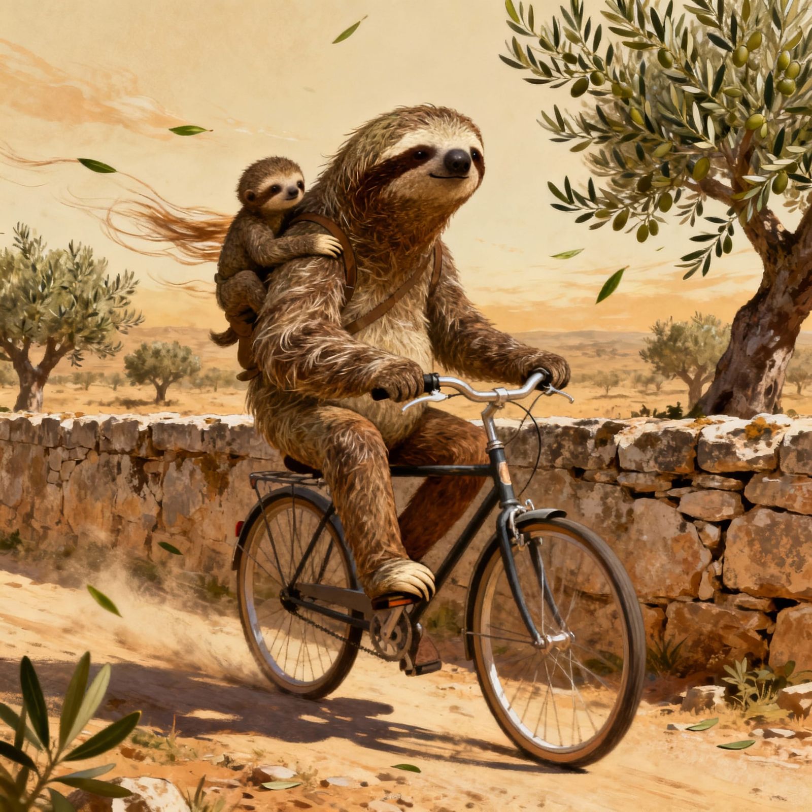 Sloth Father and Child Cycling on Stone Wall