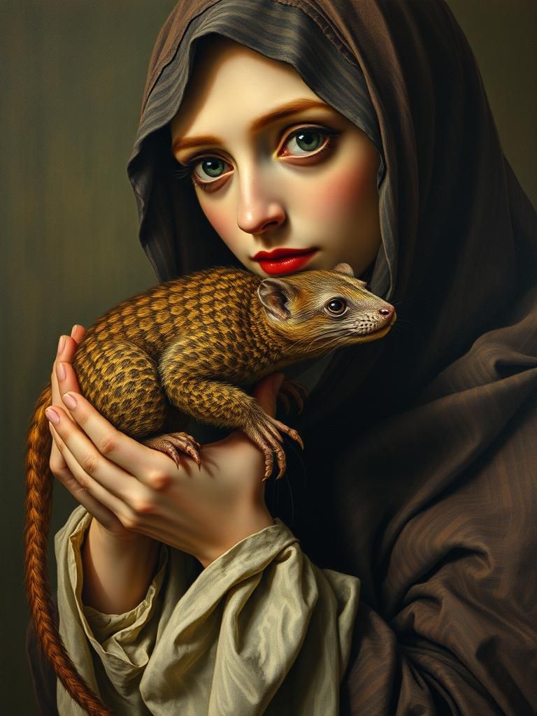 Surreal Lady with Eldritch Stoat, Oil on Canvas