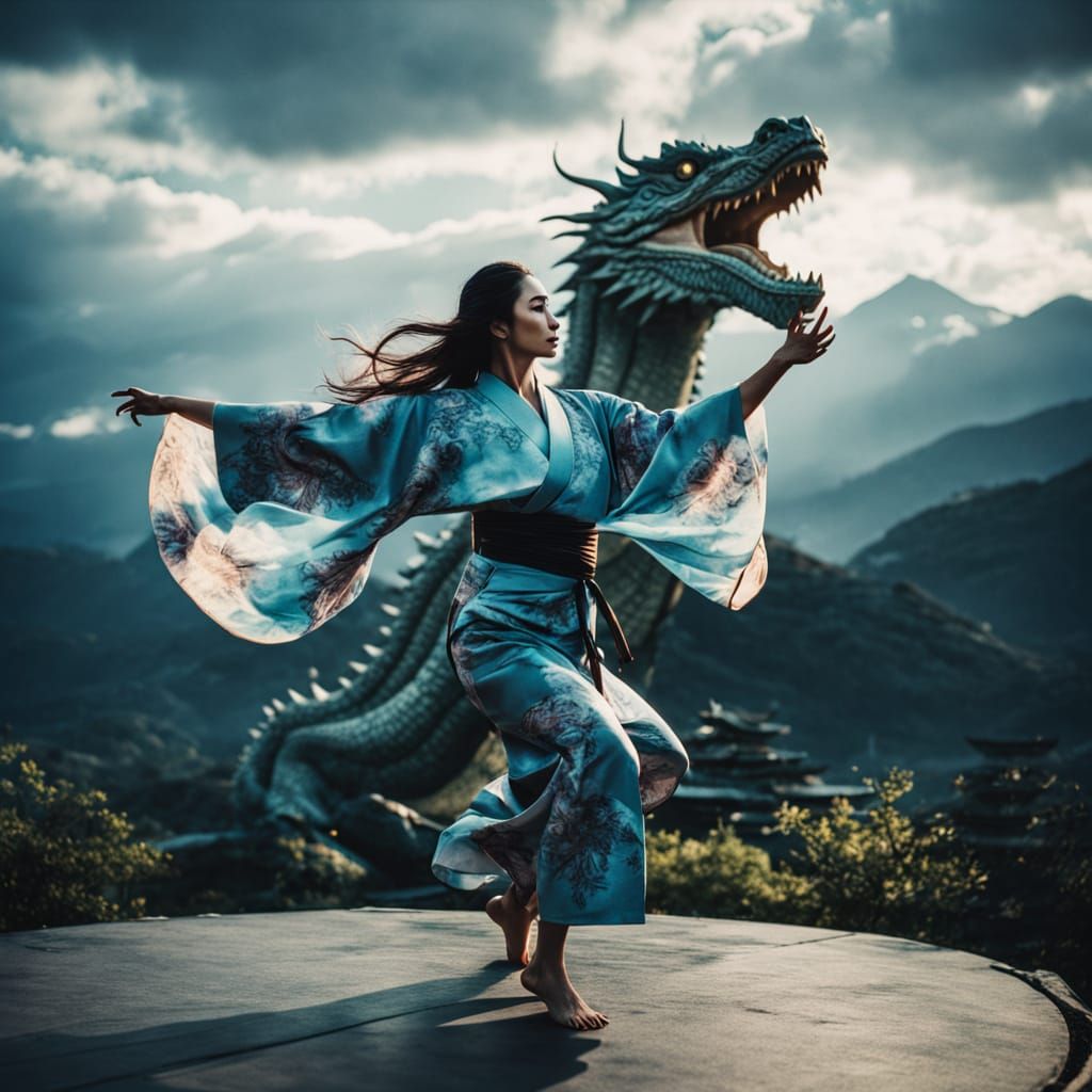 Woman's High Kick with Dragon Spirit in Japanese Landscape