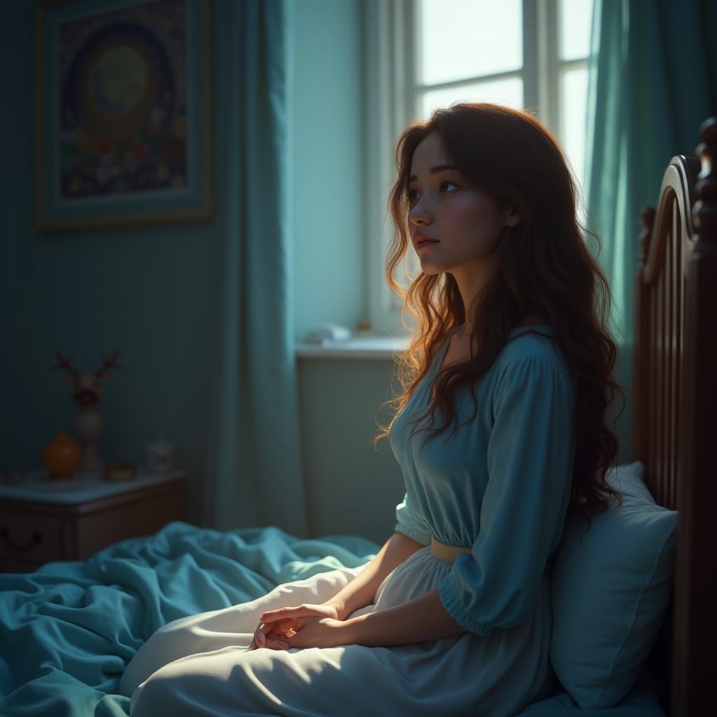 Woman Praying in Dim Room, Cinematic Matte Painting