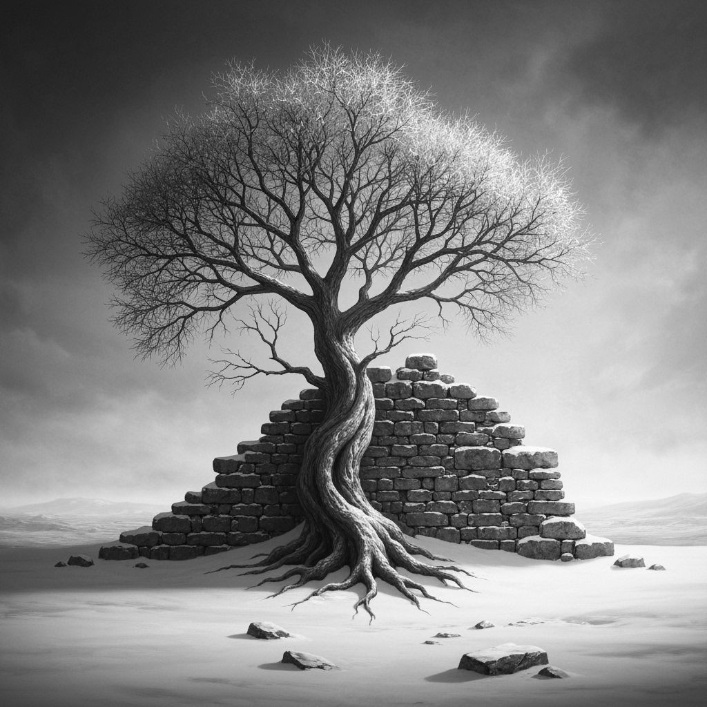 Ancient Tree Against Crumbling Wall in Snow
