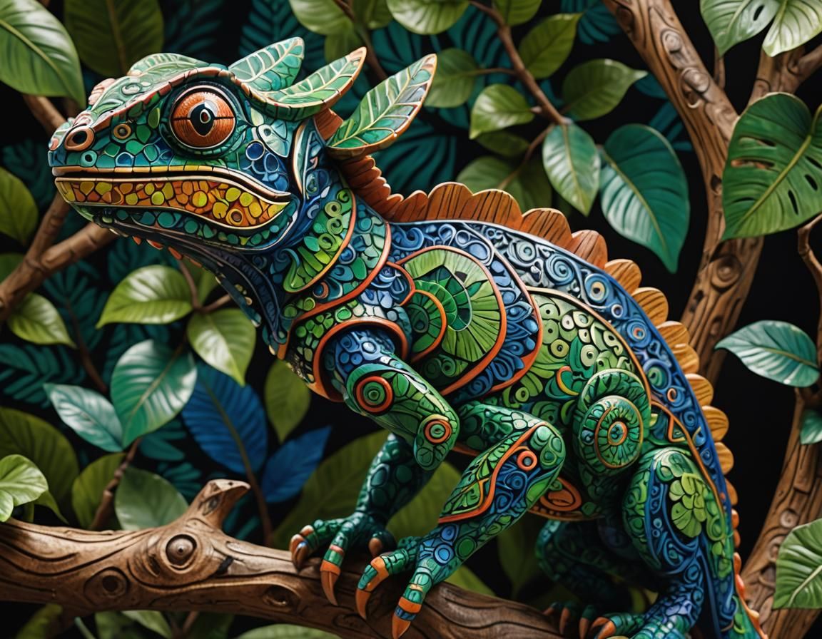 Vibrant Chameleon in Oaxacan Alebrije Style