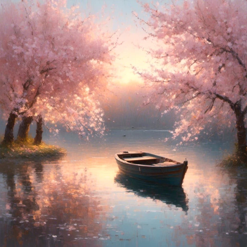 Boat in Cherry Blossoms: An Oil Painting