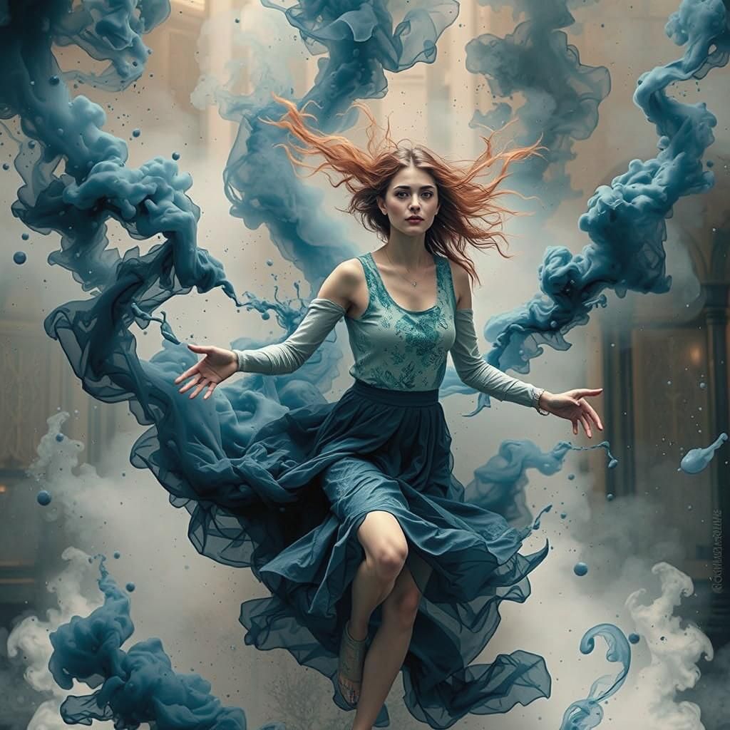 Liquid Woman Dissolving into Swirling Blue Smoke