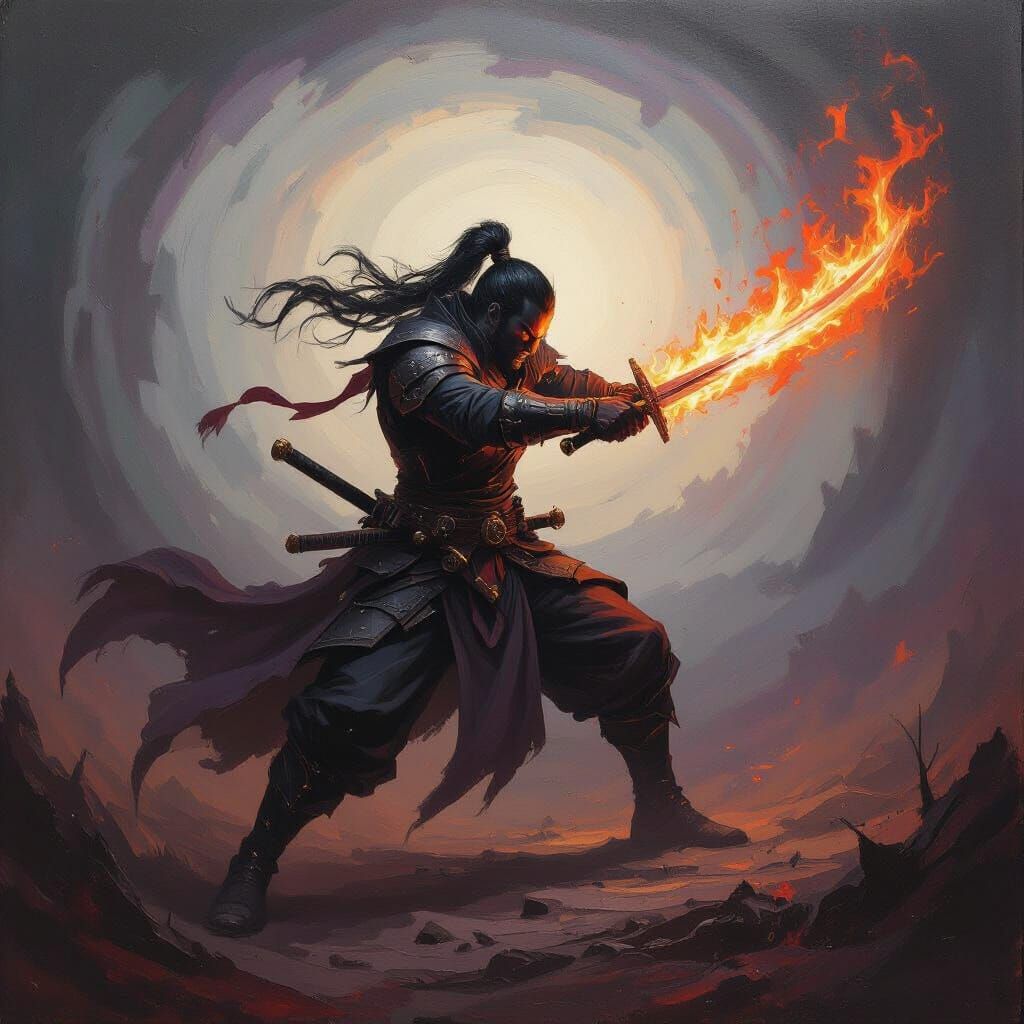 Demon Slayer in Fiery Battle as Impasto Oil Painting