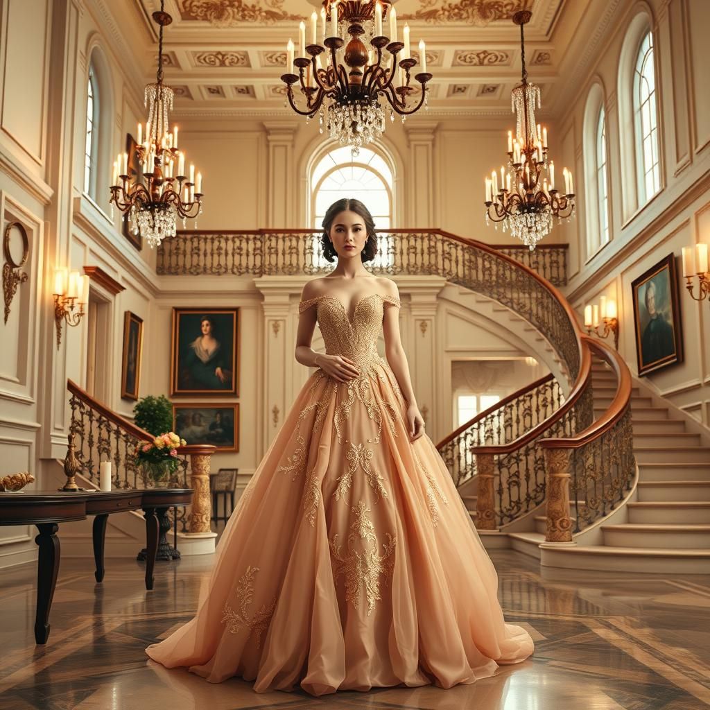 Elegant Woman in Gown, Aristocratic Oil Painting