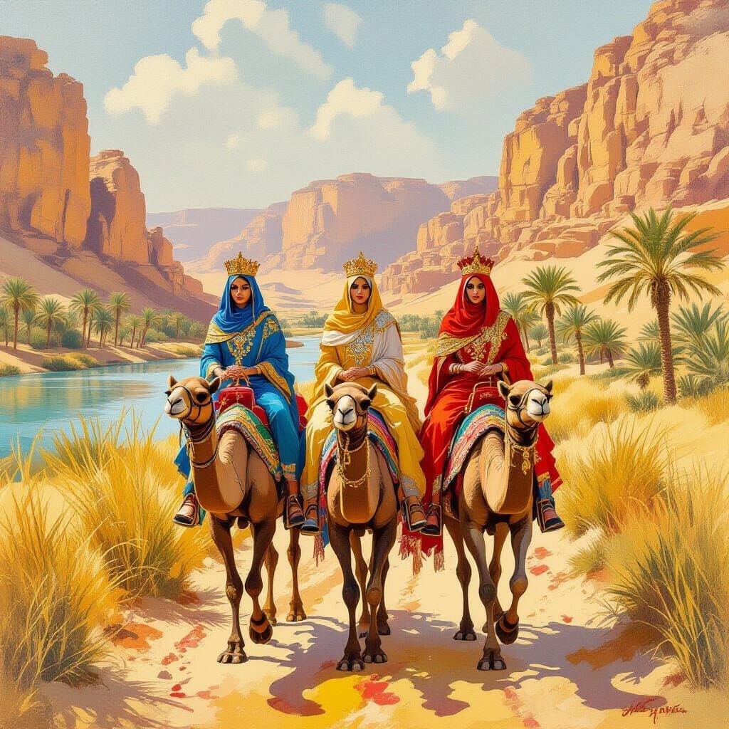 Regal Queens Ride Camels Through Wadi in Gouache Style