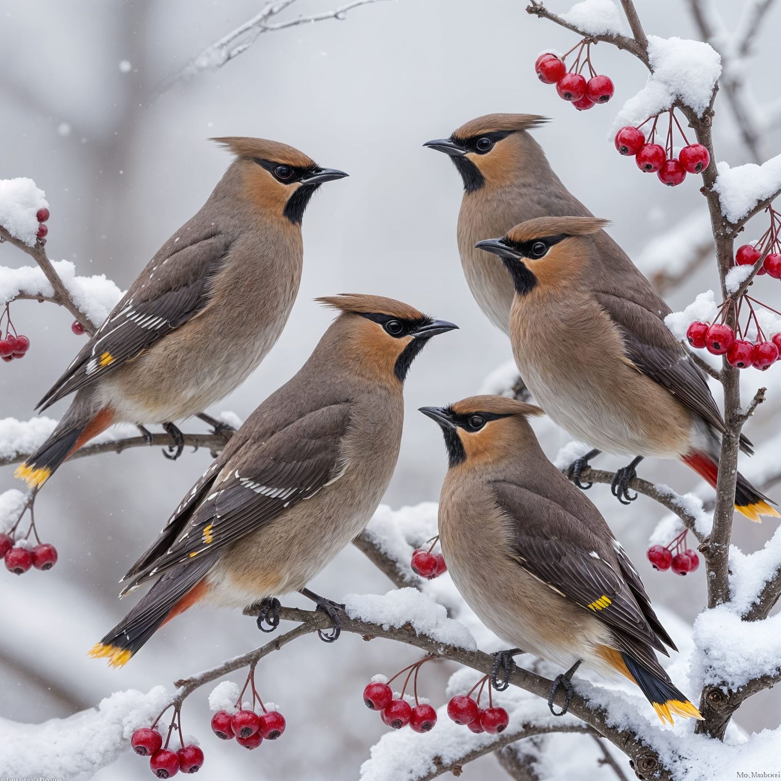 Cedar Waxwings Feast on Berries in Realistic Winter Scene