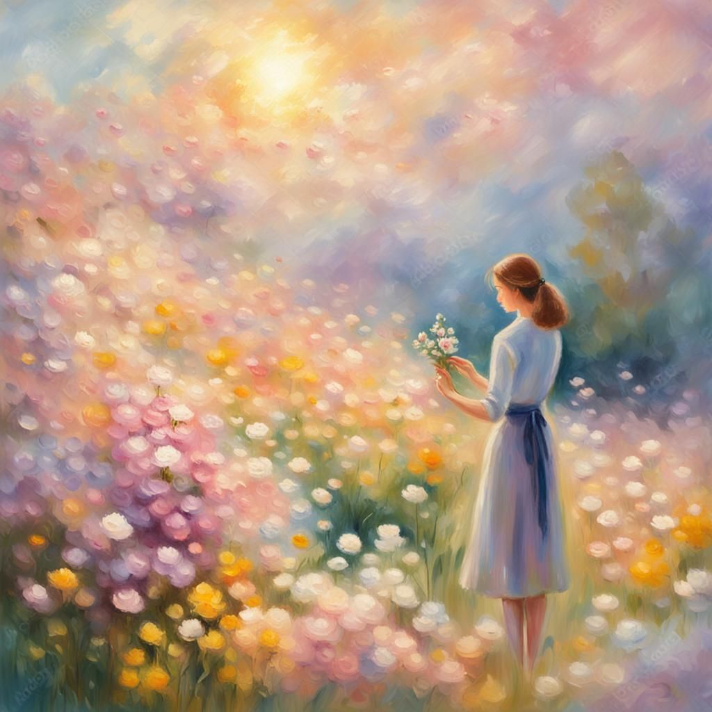 Impressionist Painting of Person Surrounded by Flowers