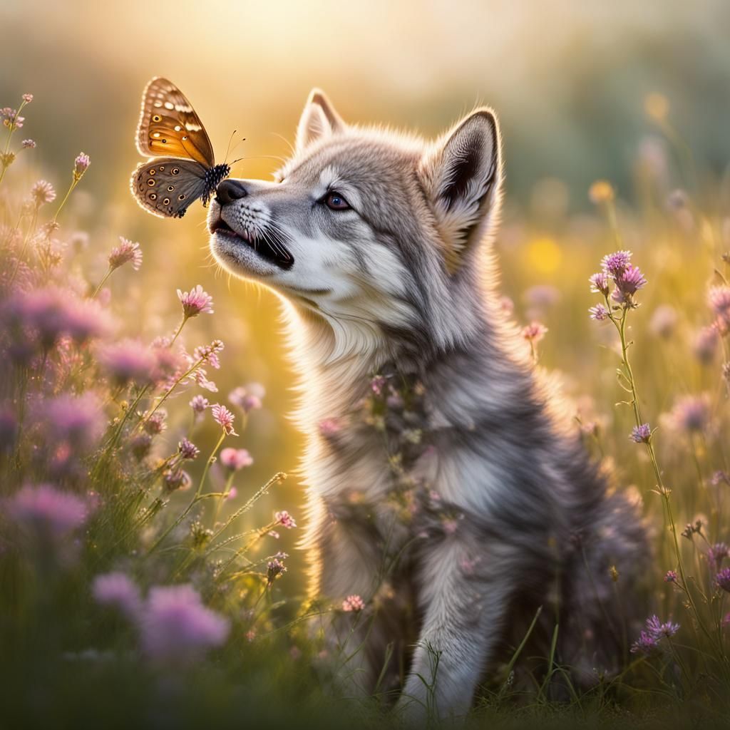 Wolf Cub and Butterfly in Dreamy Landscape
