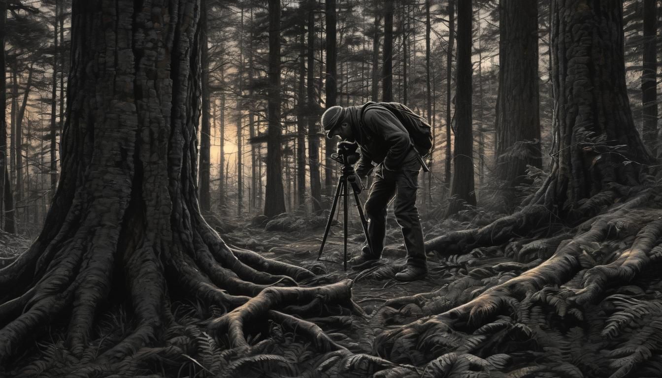 Wildlife Photographer in Forest, Charcoal Drawing