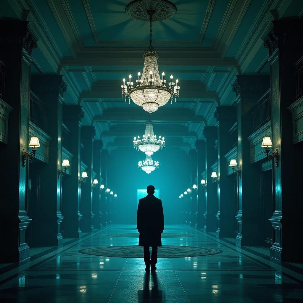 Abandoned Hotel Lobby Threshold in Moody, Atmospheric Style