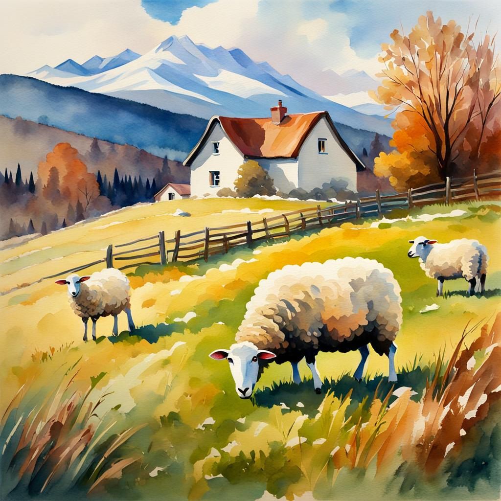 Rural Cottage and Sheep in Watercolor Style