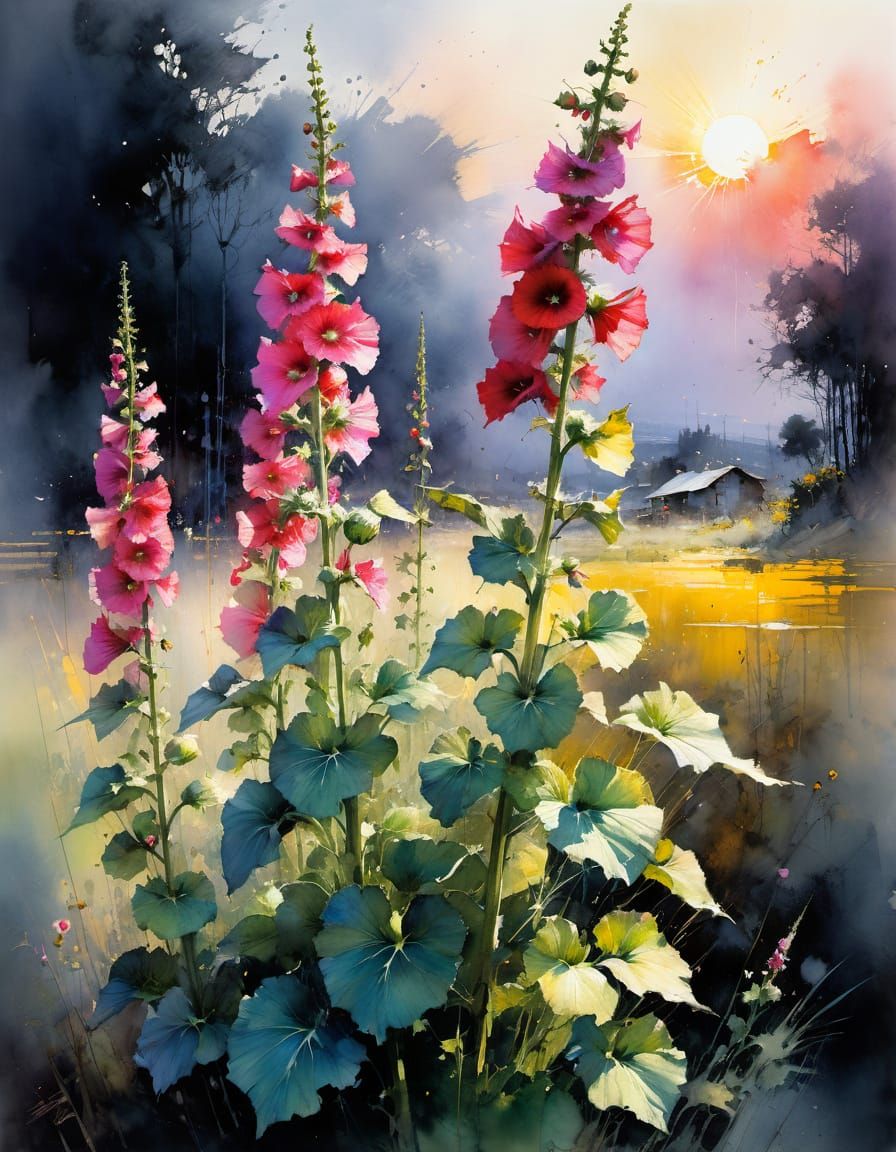 Watercolor Hollyhocks in Dramatic Sunset Light