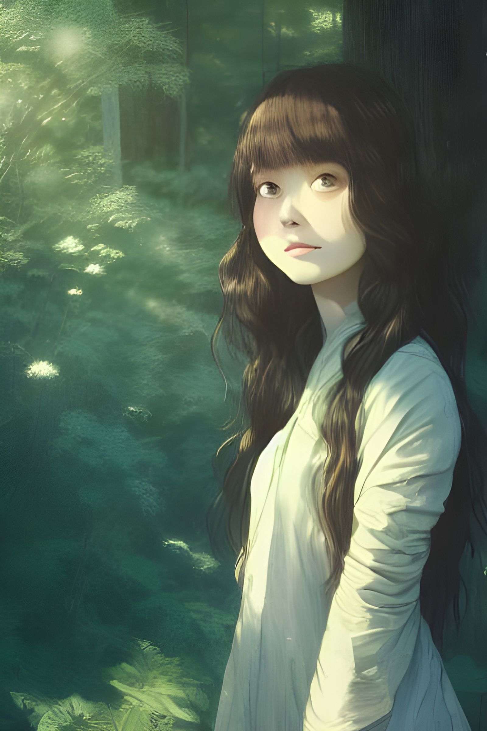 Cute Girl Portrait in Forest, Digital Illustration