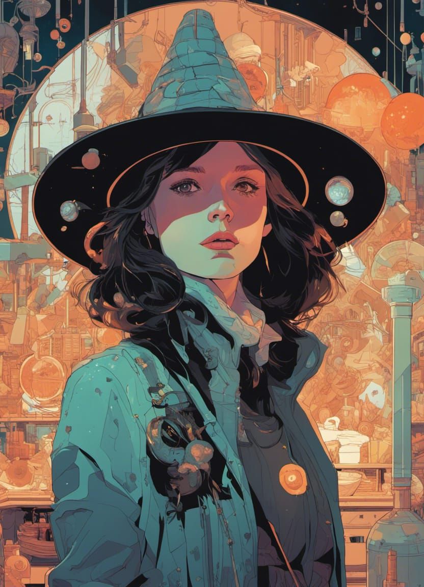 Aetherpunk Witch in Magical Science Lab Illustration
