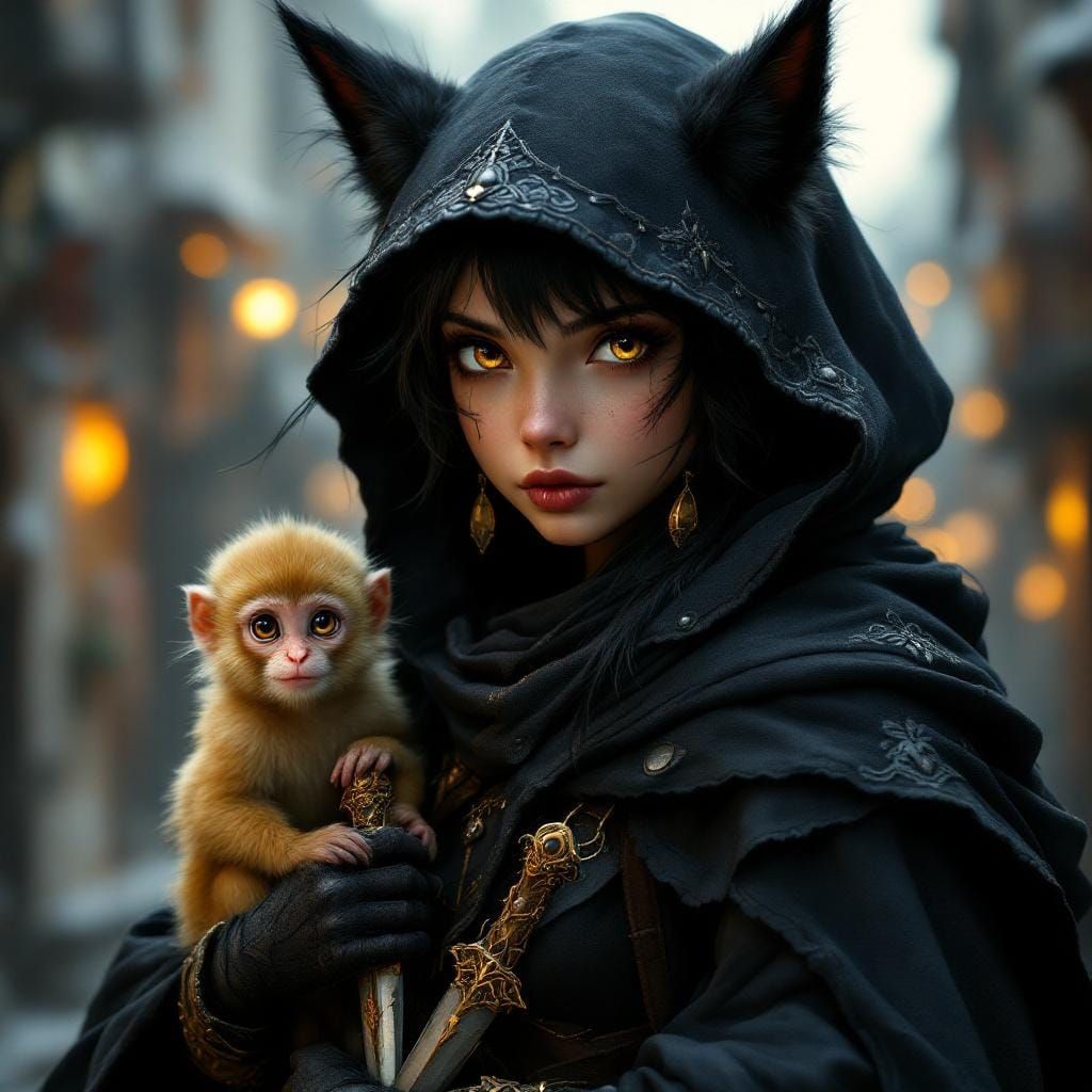Tabaxi Thief in Medieval Cityscape, Hyperrealistic Style
