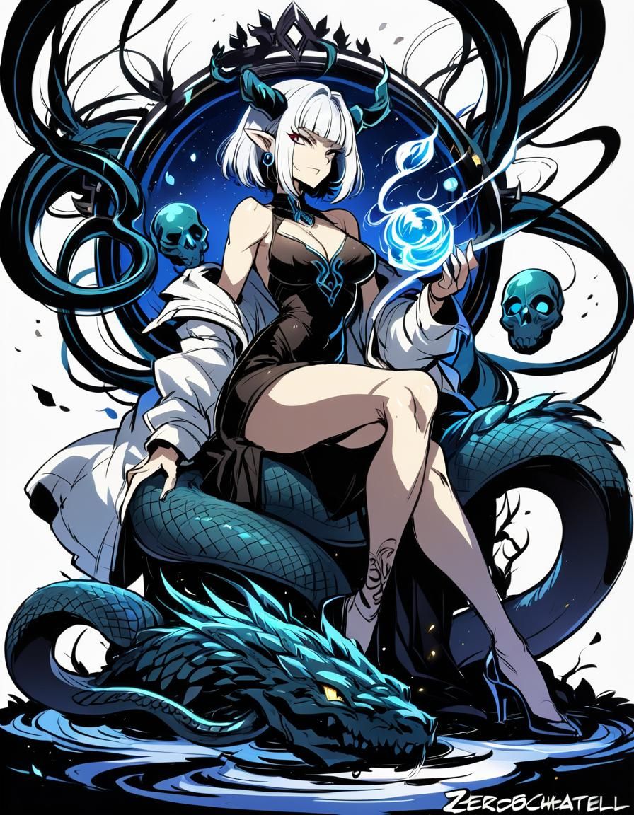 Cyborg Woman with Horns on Cyberpunk Throne