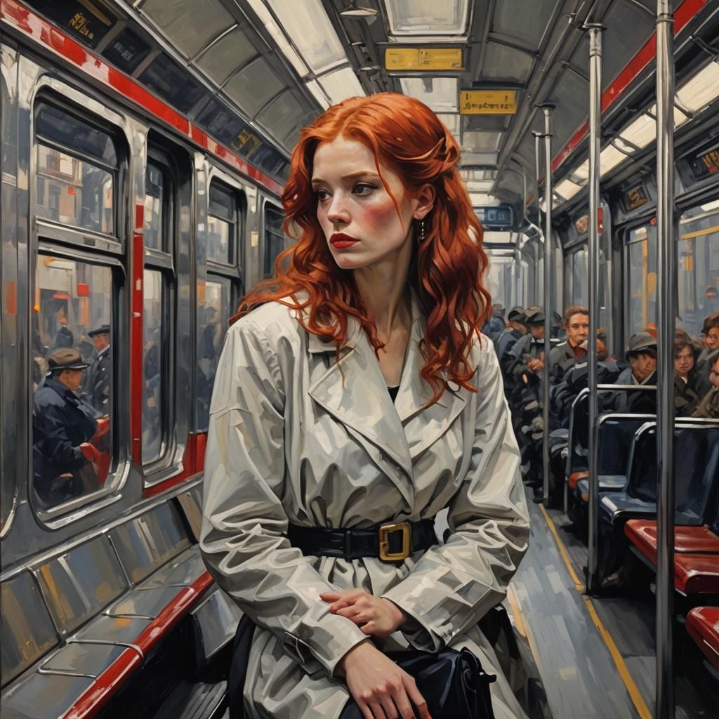 Red-Haired Beauty on Train, Mondrian-Inspired Painting