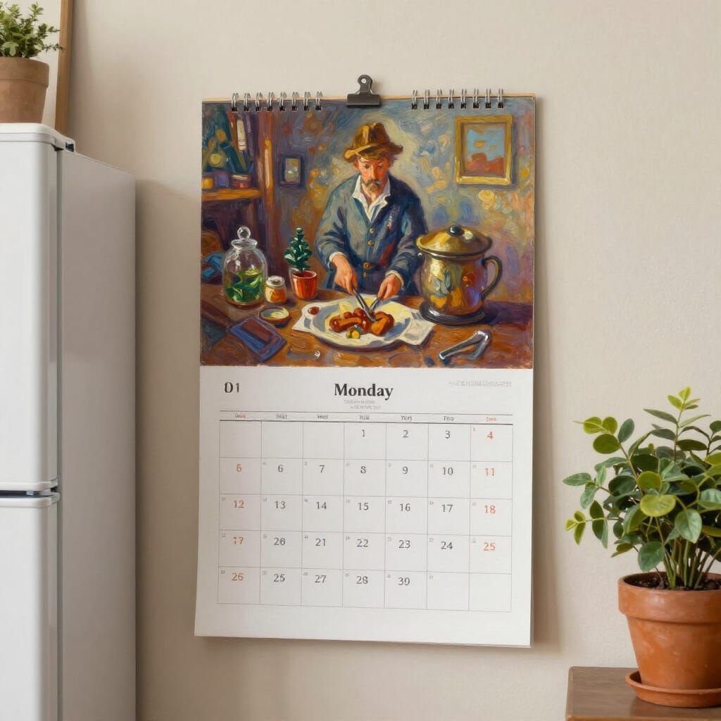 Oil Painting of Monday Calendar Near Fridge and Flower
