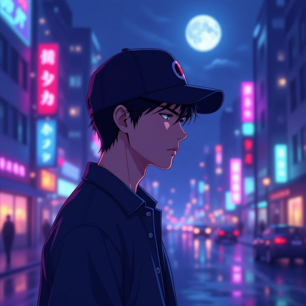 Anime Style Portrait of Solitary Man in Neon City