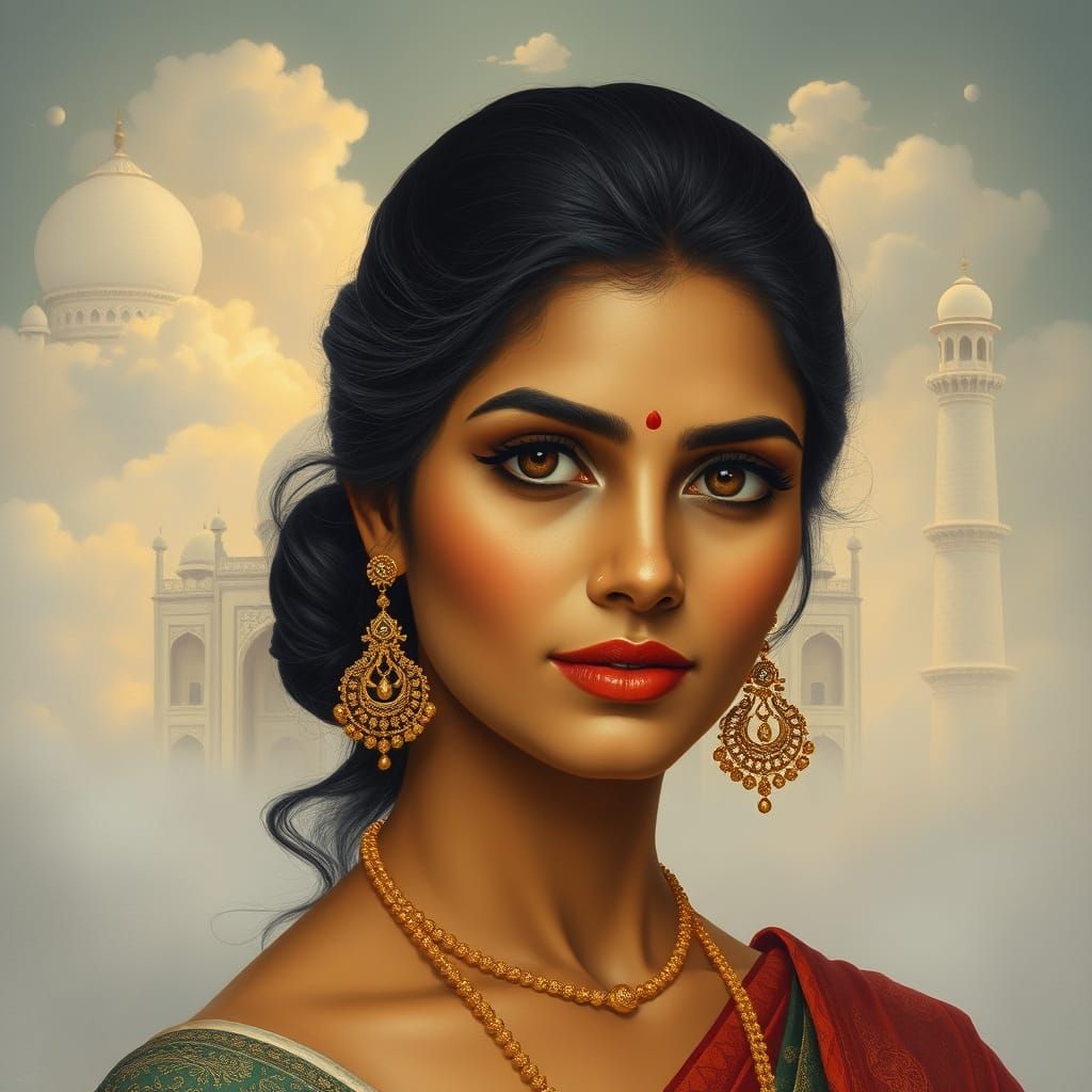 Regal Indian Beauty Adorned with Golden Earrings and Taj Mah...