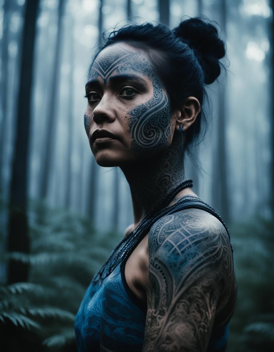 Woman with Tribal Tattoos in Misty Forest