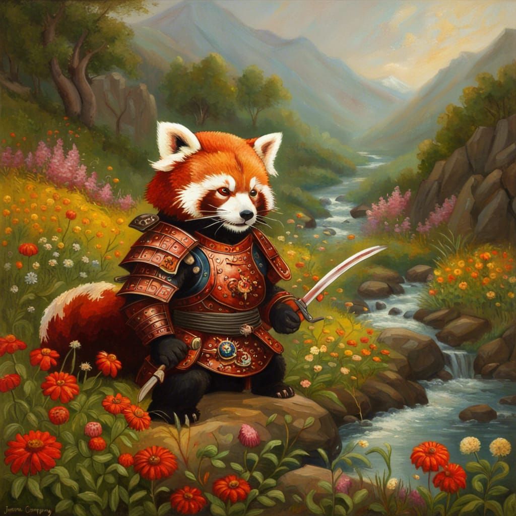 Armored Red Panda Samurai in Sunny Meadow