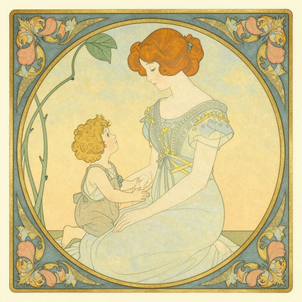 Mother's Love for Infant Son in Art Nouveau Style