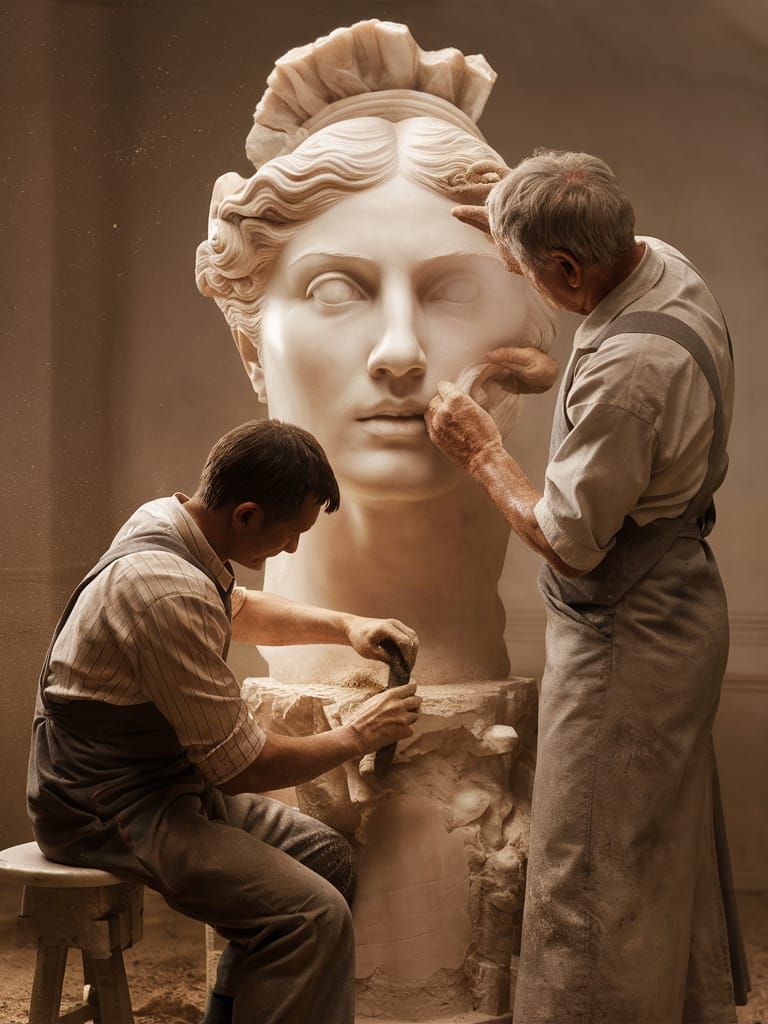 Sculptor Master and Apprentice Carving Marble Statue