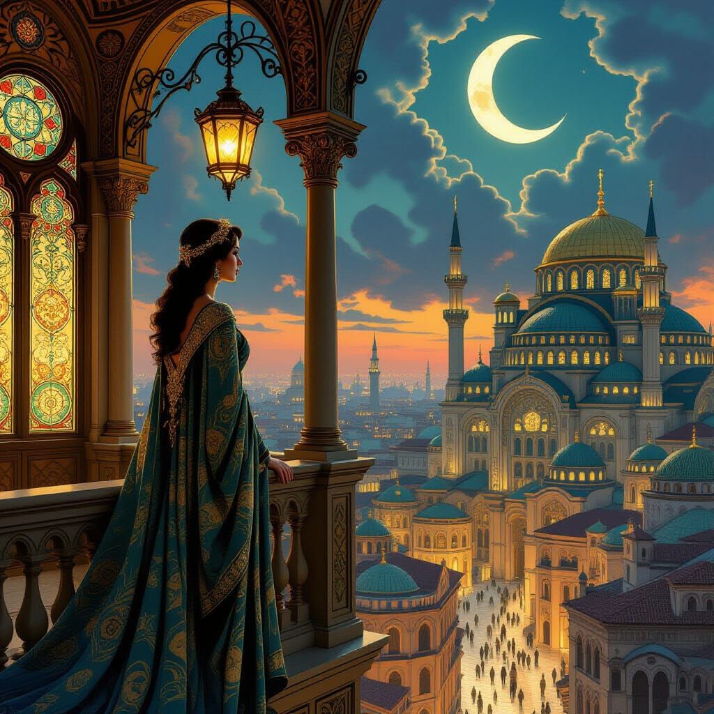 Regal Woman on Balcony Overlooking Fantastical City