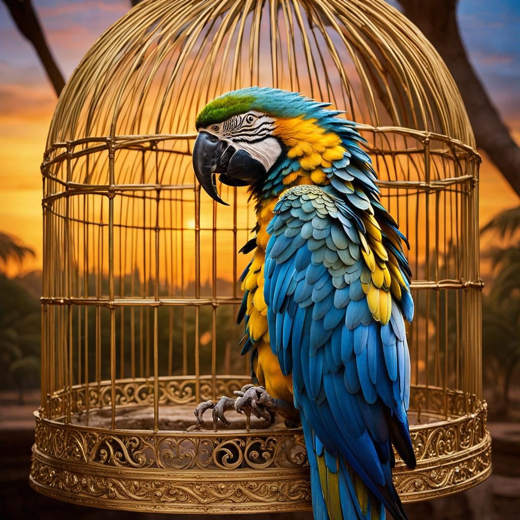 Macaw Parrot in Golden Cage at Sunset