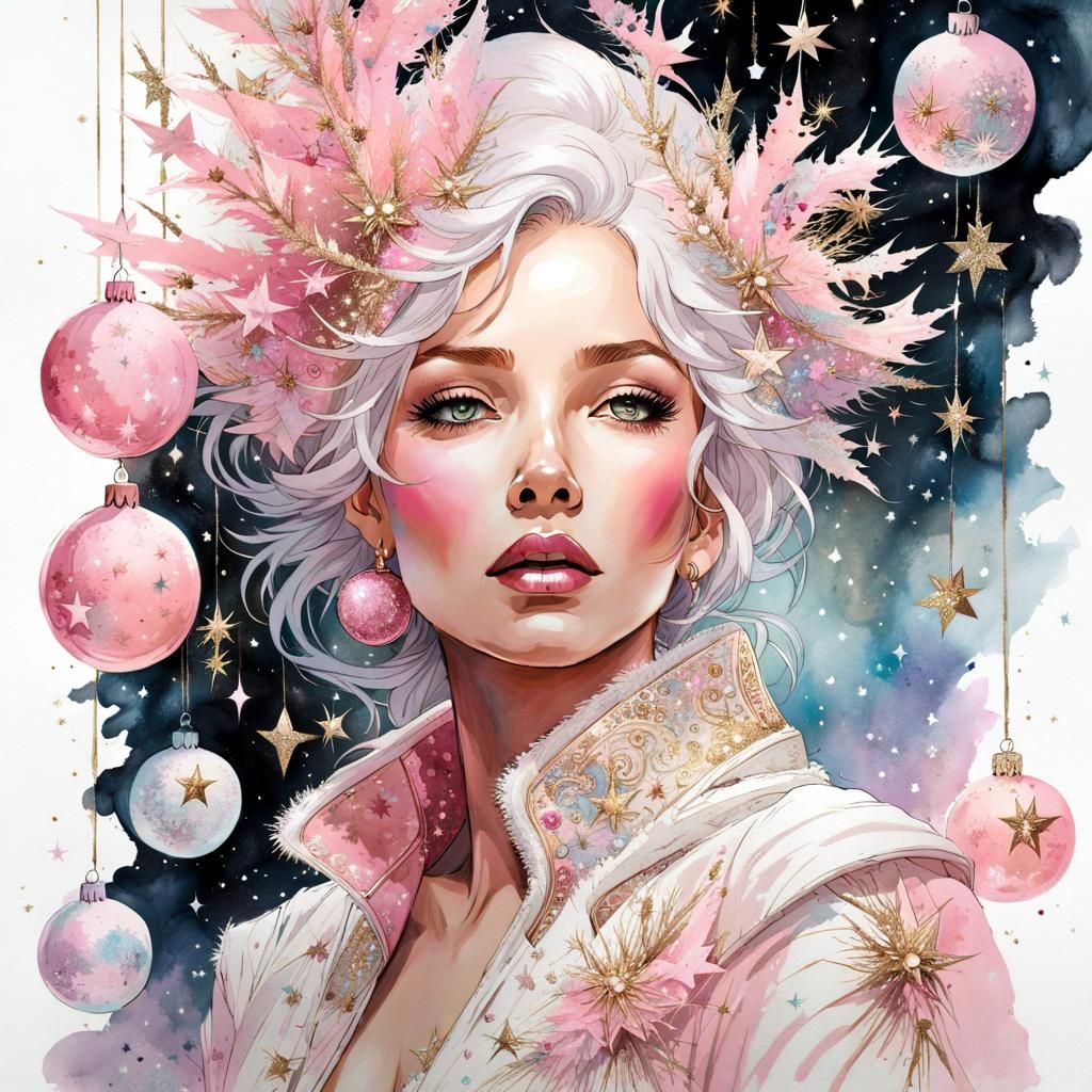 Pastel Pink Christmas Tree: Glittering Watercolor Illustrati...