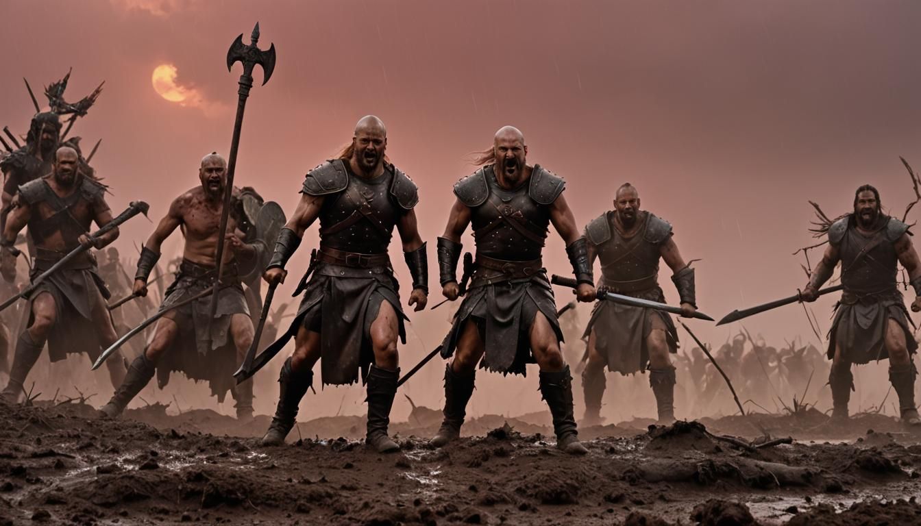 Cimmerian Warriors Charge on Battlefield: Cinematic Film Sti...