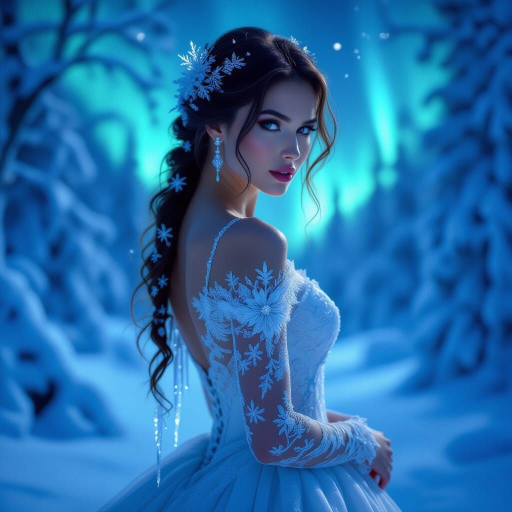 Winter Goddess in Aurora Forest, Fantasy Art