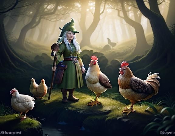 Gnome with Hen in Mystical Forest, Fantasy Art