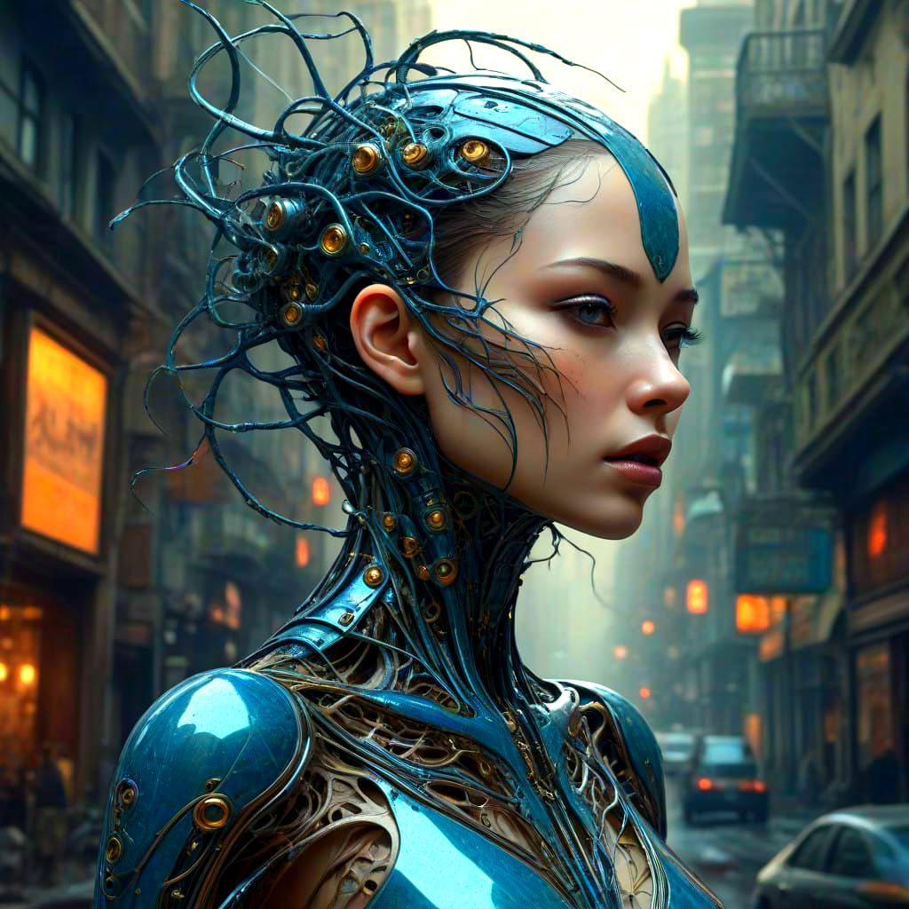Cybernetic Siren in Dystopian Metropolis