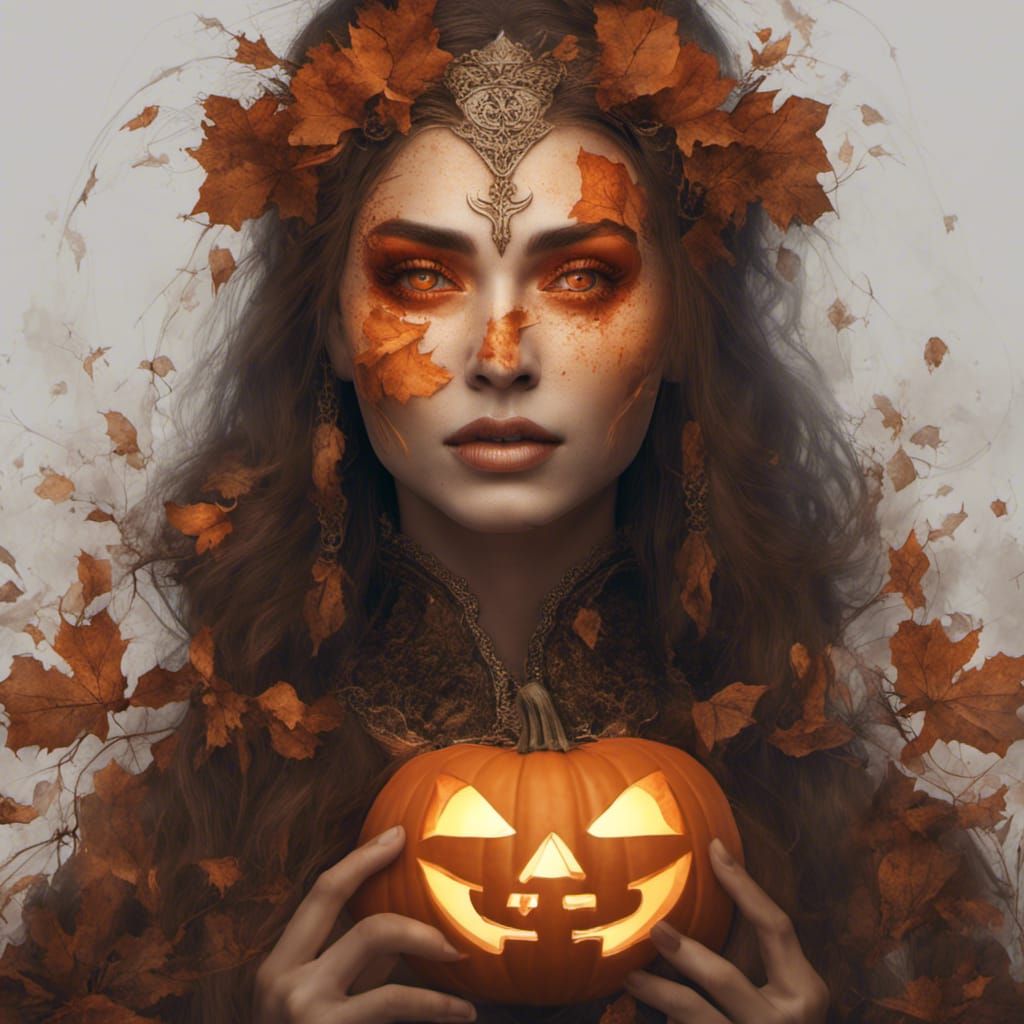 Beautiful woman face morphing into jack o lantern