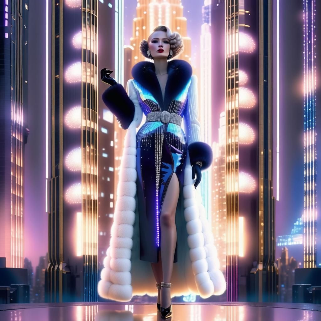 Art Deco Woman with Bioluminescent Fur Coat