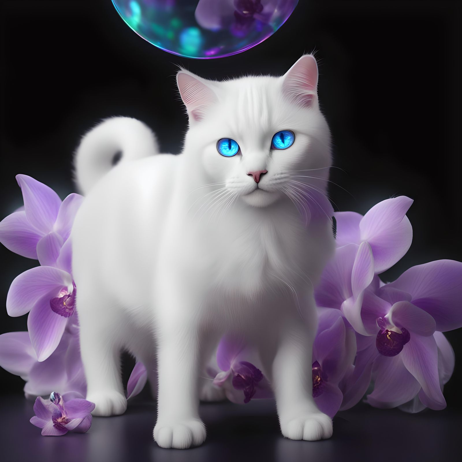 Beautiful white cat with crystal blue eyes and purple background with purple orchid flowers& realistic vibes& multi chro...