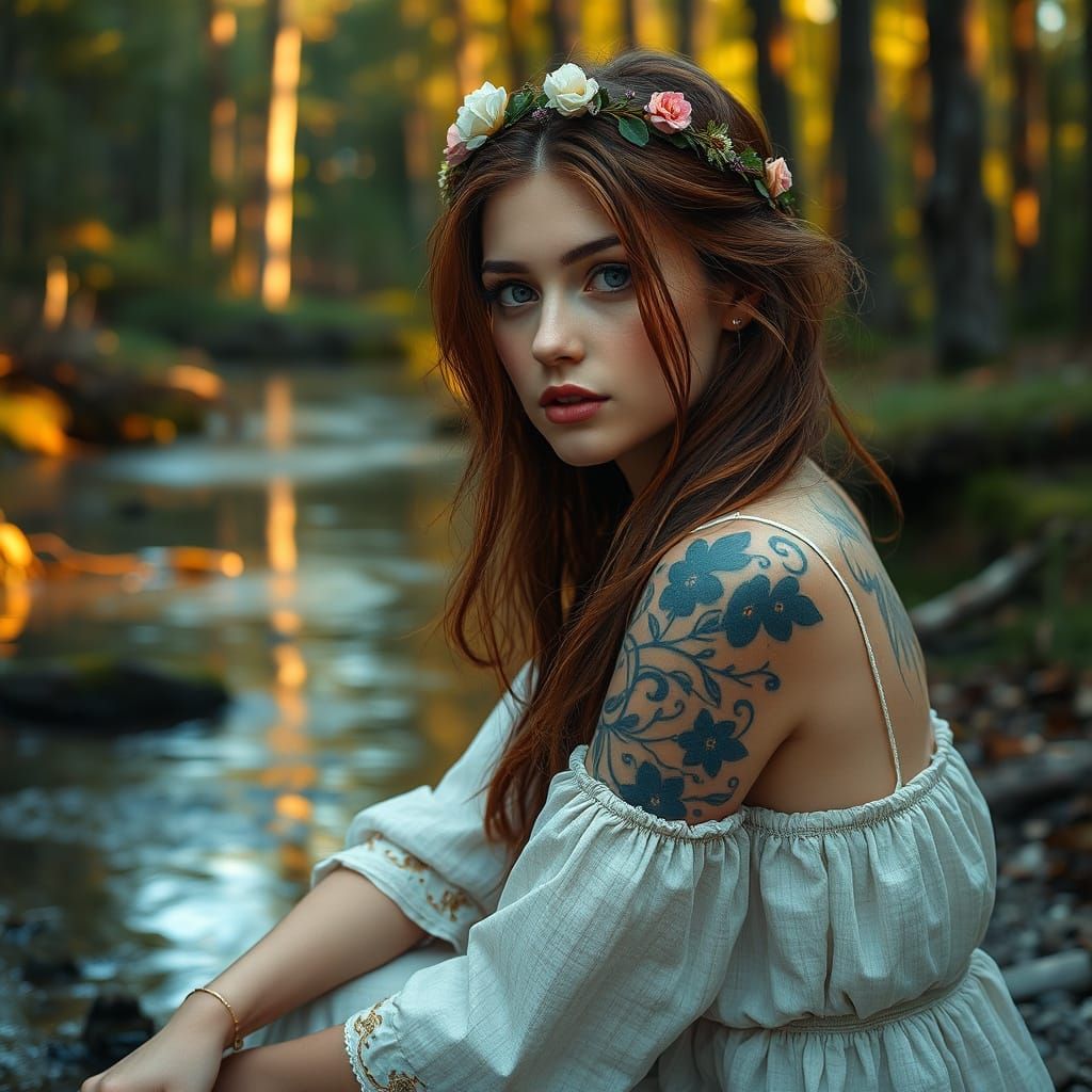 Slavic Woman by Forest Stream in Dreamy Realism