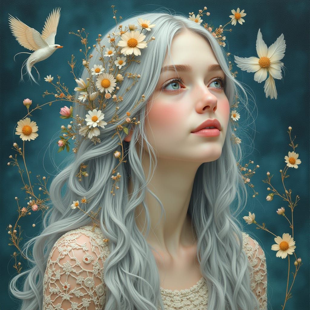 Dreamy Woman with Silver Hair in Surreal Style