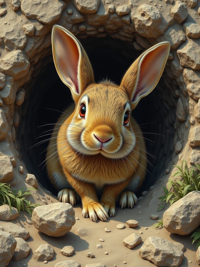 Bashful Bunny Hiding: CGI Style Oil Painting